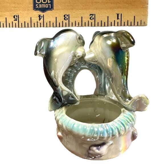 Vintage Iridescent Lustreware Ceramic Blue Dolphins on Trinket Bowl 1960s - Picture 10 of 11